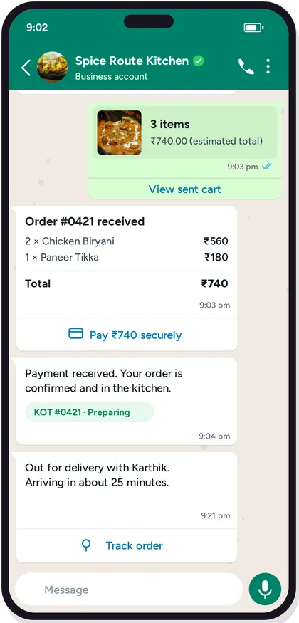 Order #0421 received, KOT preparing, out for delivery