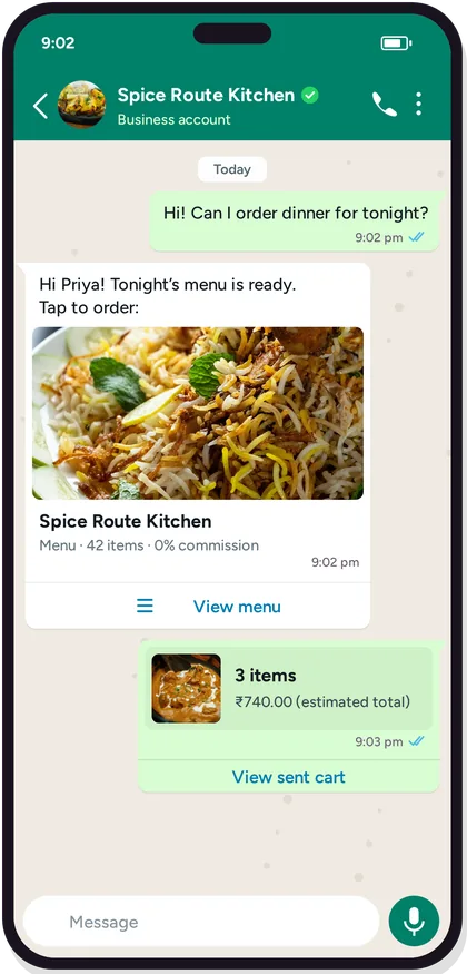 WhatsApp chat showing the menu card and a 3 item cart