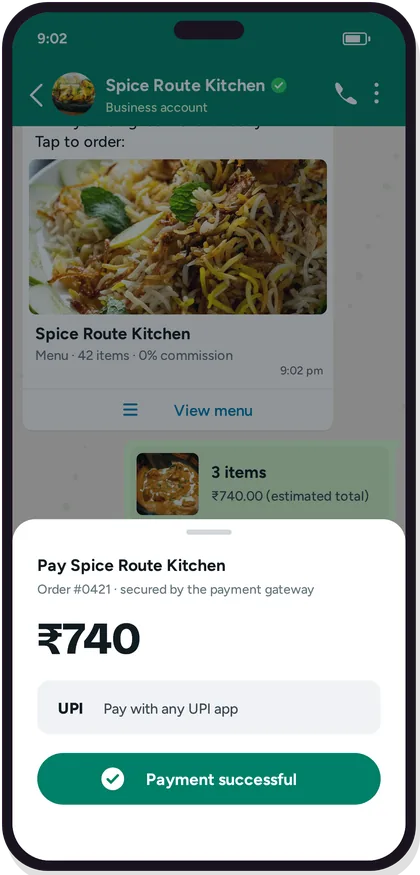 Payment sheet in WhatsApp: ₹740 paid by UPI